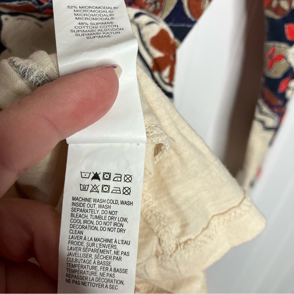 Lucky Brand Top Small Cream Red Blue Floral Embellishing Boho Peasant Spring Tee - Picture 6 of 8